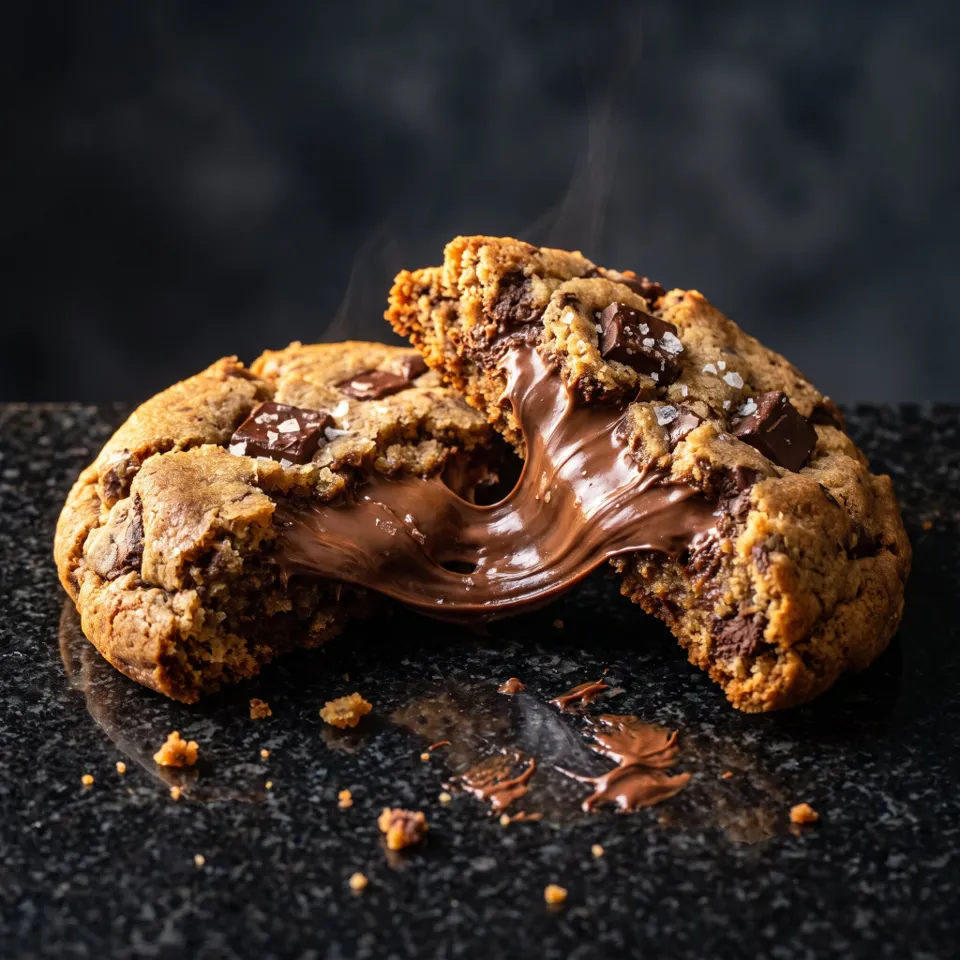 Cookie gigante partido ao meio com recheio cremoso de avelã escorrendo
